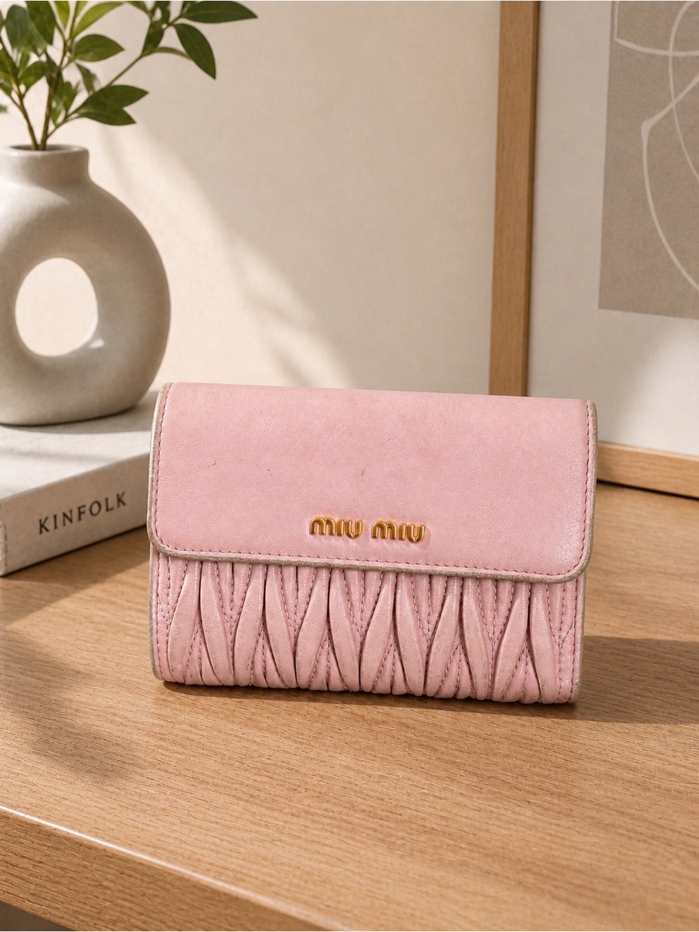 Miu Miu Blush Pink Matelassé Leather Fold Wallet with Gold Logo